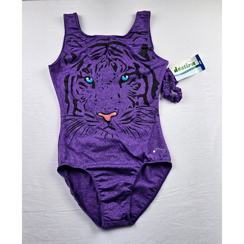 NWT Destira Adult Medium Gymnastics Leotard Purple Tiger Blue Dharma Scrunchie